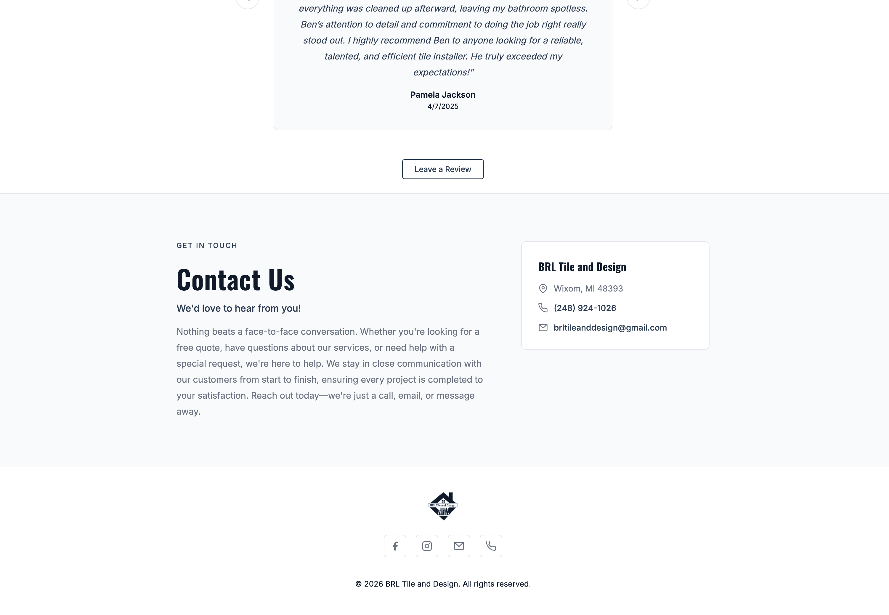 BRL Tile & Design 'Contact Us' section with business info and site footer