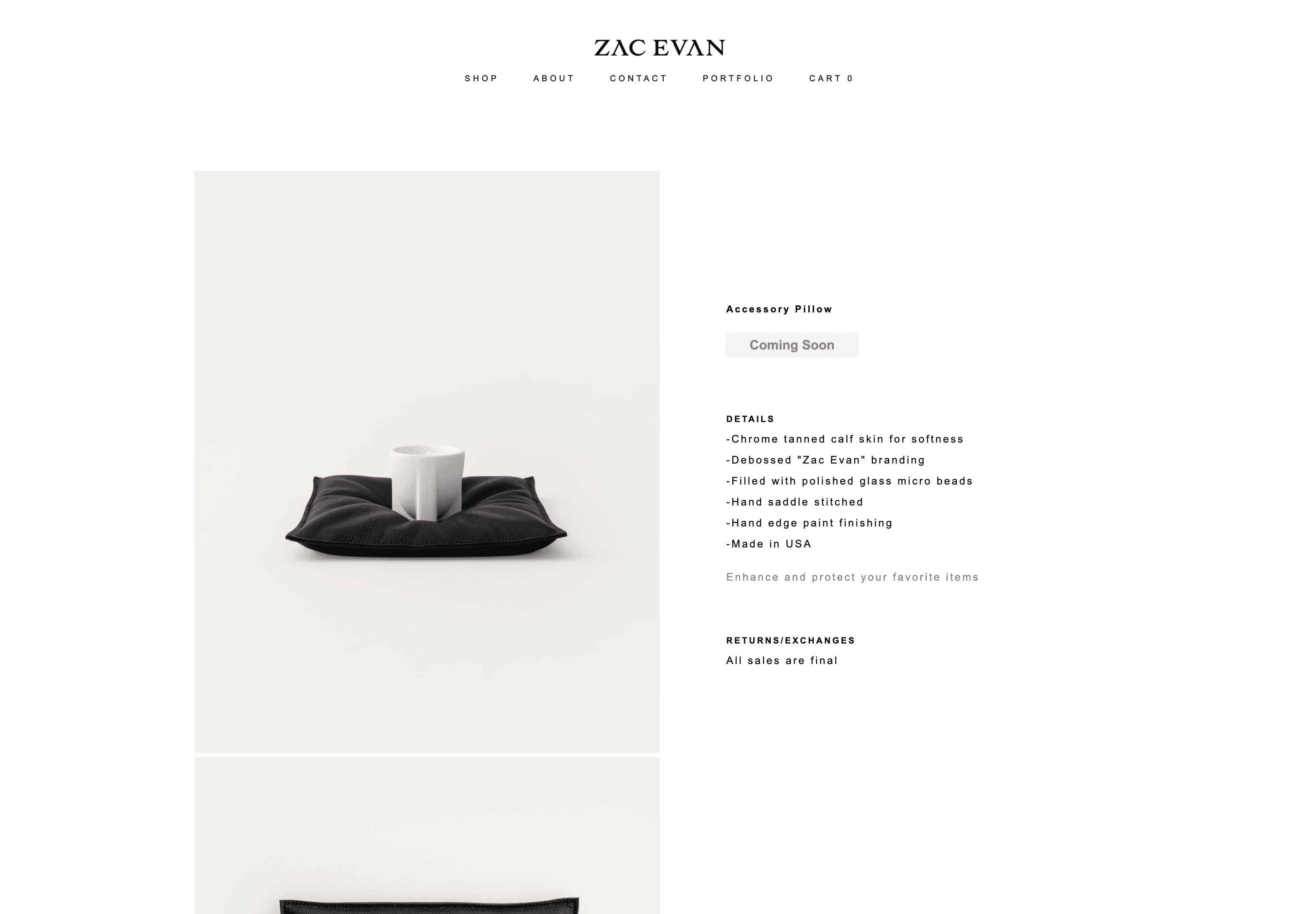 Zac Evan product detail page for the handmade leather Accessory Pillow