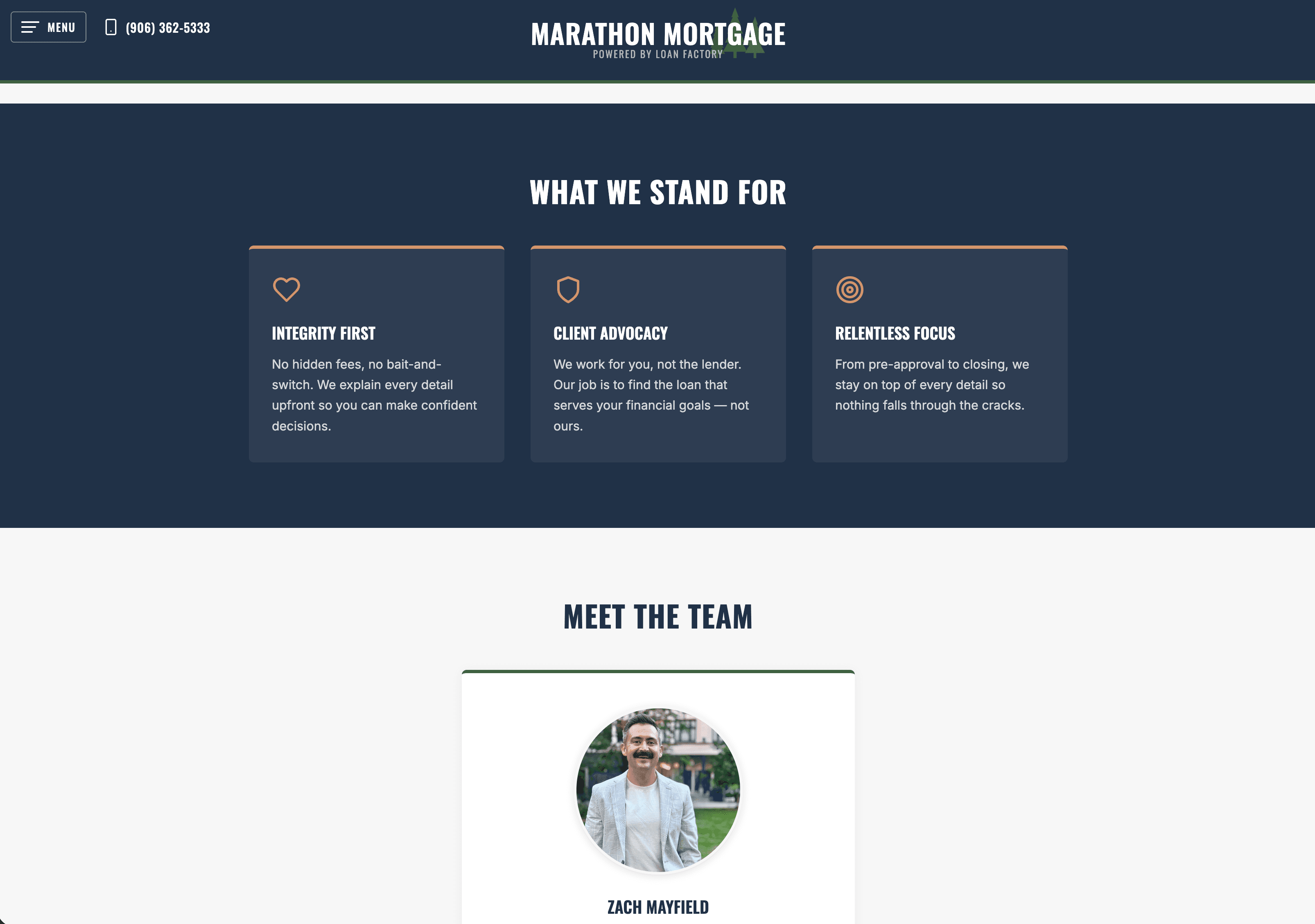 Marathon Mortgage values section and loan officer profile on the about page