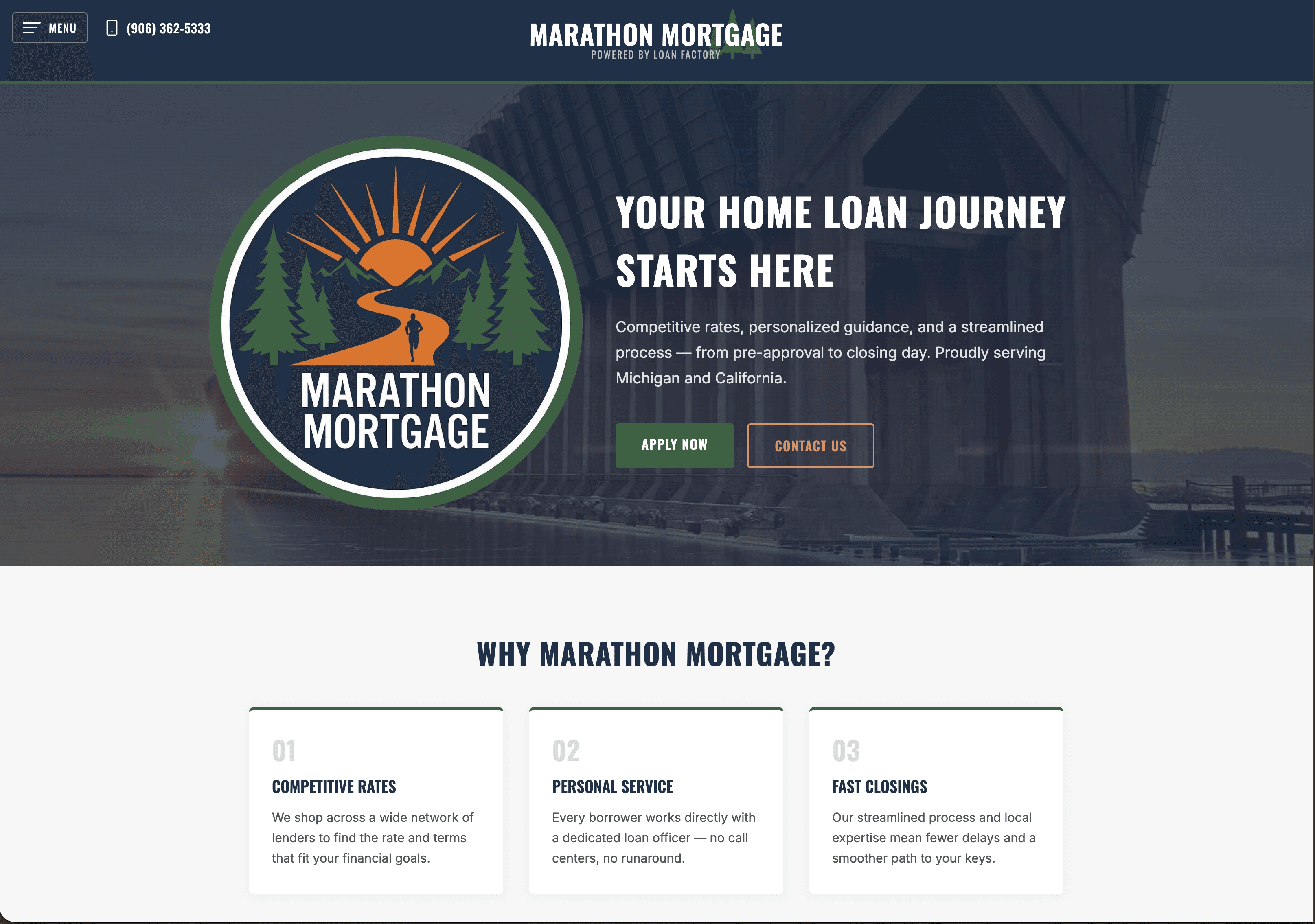 Marathon Mortgage homepage hero with logo and Apply Now call to action